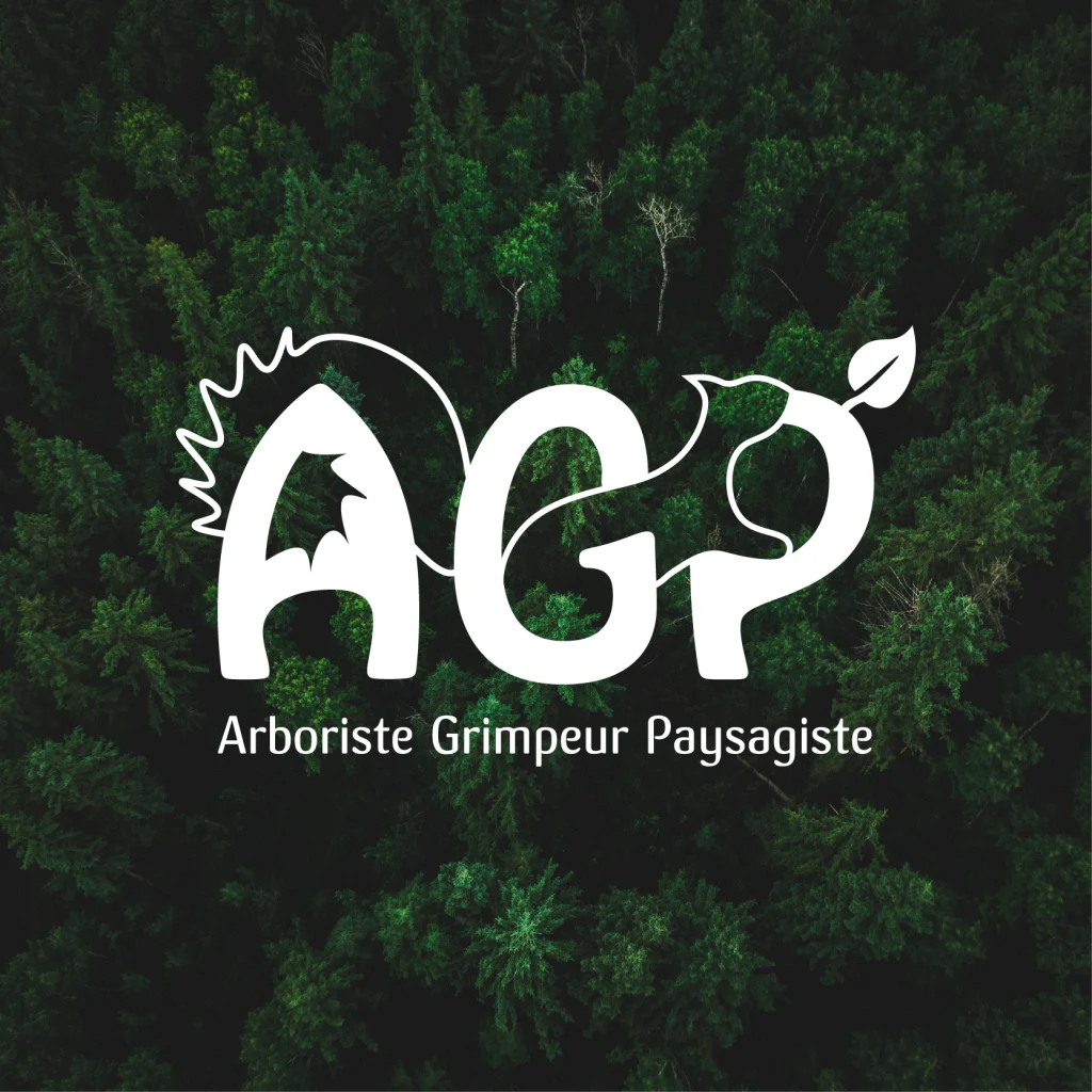 Logo AGP, arboriste grimpeur et paysagiste. un ecureuil avec une queue en forme de scie se dessine entre les lettres.